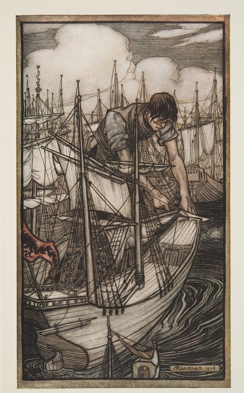 Gulliver aproveita a Enemys Fleet, da Gullivers Travels de Jonathon Swift (1667 - 1745), pub. 1909 de Arthur Rackham