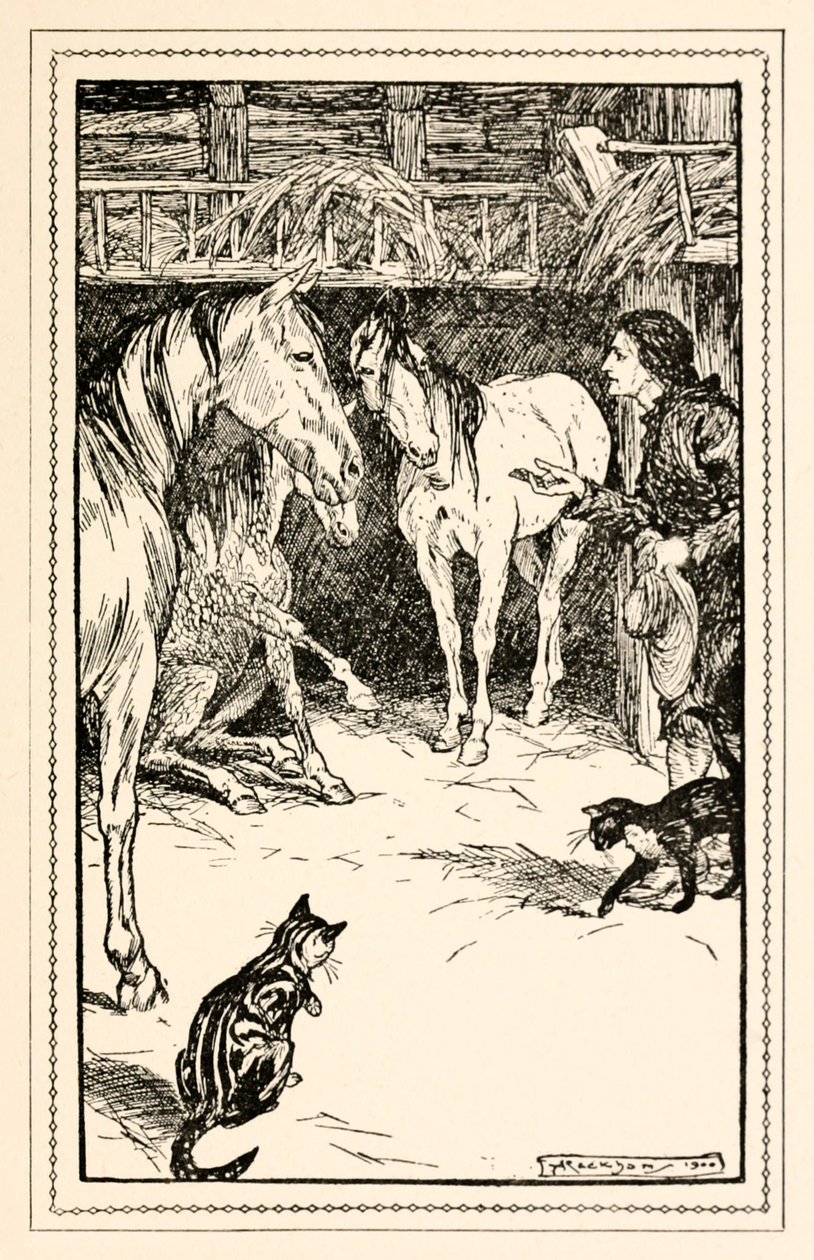 Gulliver tem a honra de ser questionado por seus convidados mestres da Parte IV: Uma Viagem ao País dos Houyhnhnms em Gullivers Travels por Jonathan Swift de Arthur Rackham