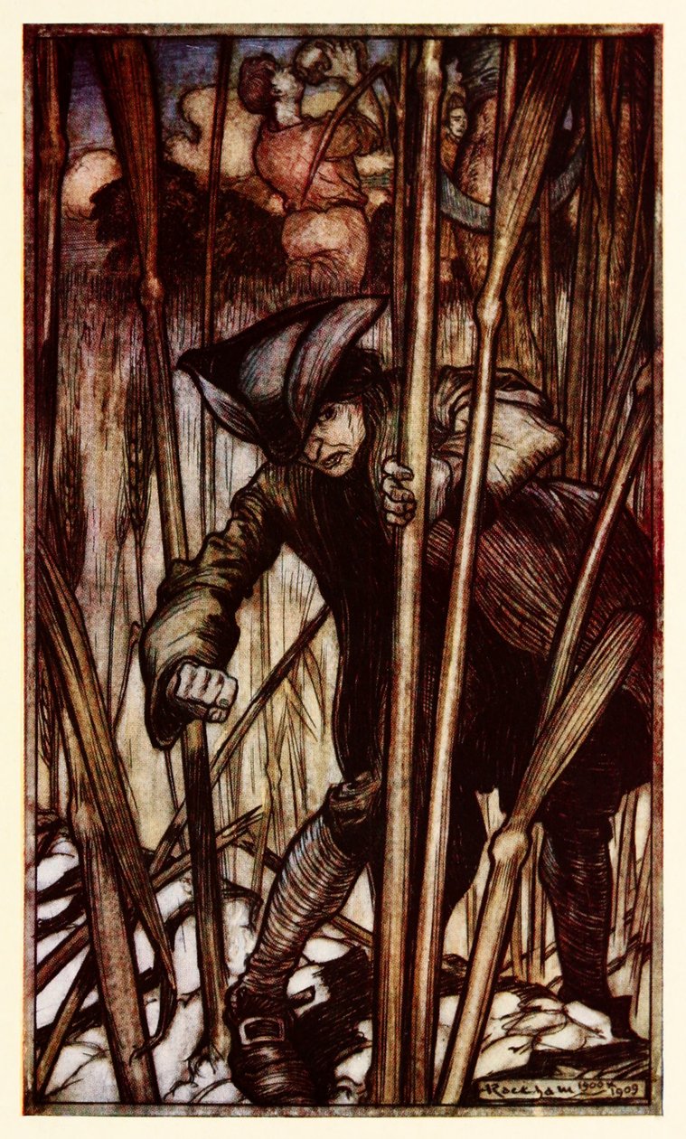 Gulliver é atingido pelo medo à primeira vista dos Ceifadores Brobdingnagianos da Parte II: Uma Viagem a Brobdingnag em Gulliver Viaja por Jonathan Swift de Arthur Rackham