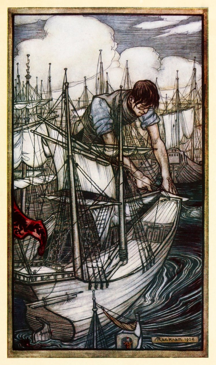 Gulliver aproveita a frota dos inimigos da Parte I: Uma Viagem para Lilliput em Gullivers Travels por Jonathan Swift de Arthur Rackham