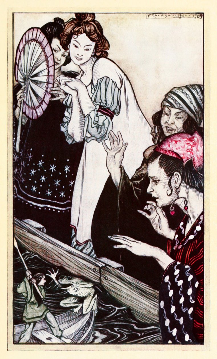 Gullivers encontra-se com o sapo da parte II: Uma viagem a Brobdingnag em Gullivers viaja por Jonathan Swift de Arthur Rackham