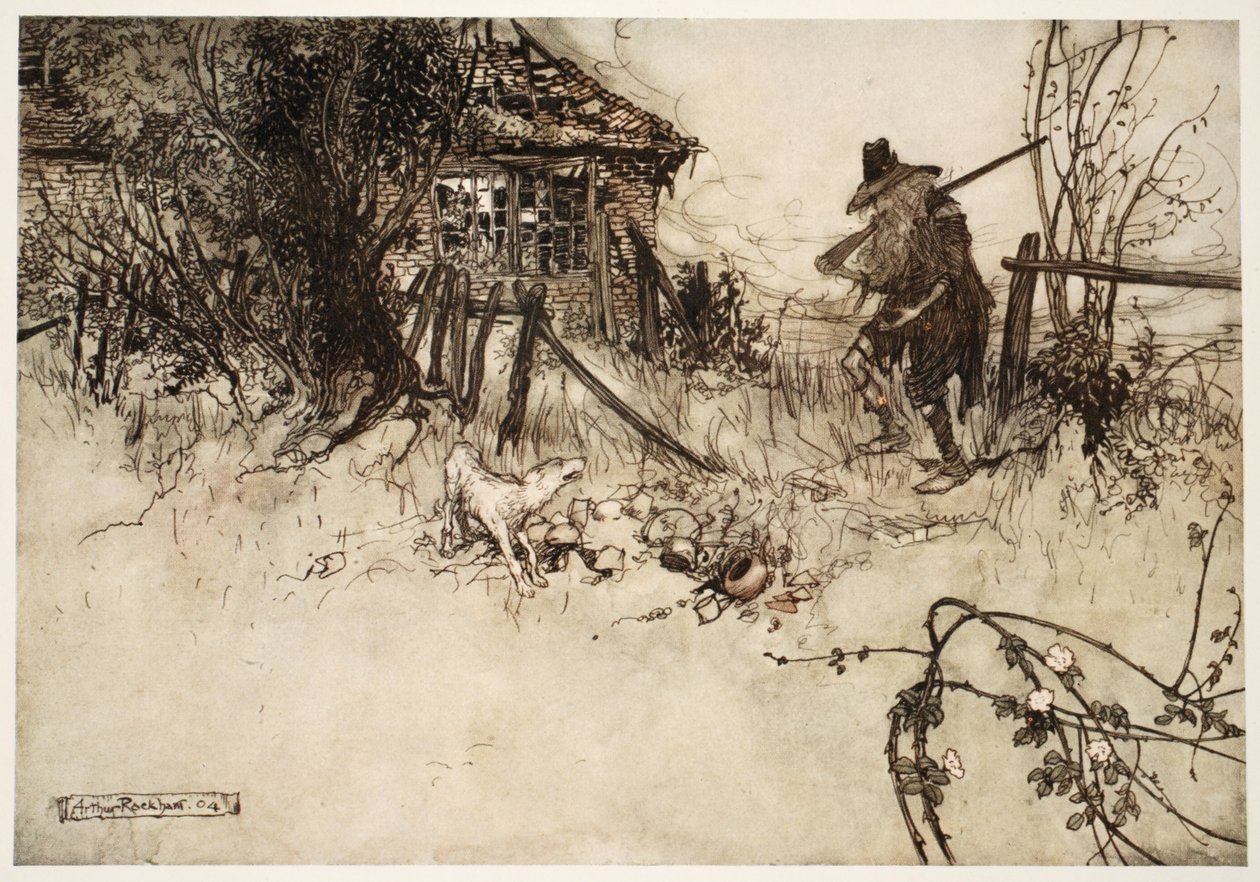 Ele encontrou a casa em decadência Meu próprio cachorro, suspirou o pobre Rip, esqueceu-se de mim, de Rip Van Winkle por Washington Irving, pub. 1910 de Arthur Rackham