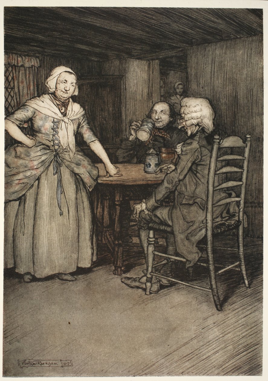 Ele encontrou os velhos burgueses, e ainda mais suas esposas, ricos naquele amor lendário tão inestimável para a verdadeira história. de Rip Van Winkle por Washington Irving, pub. 1910 de Arthur Rackham