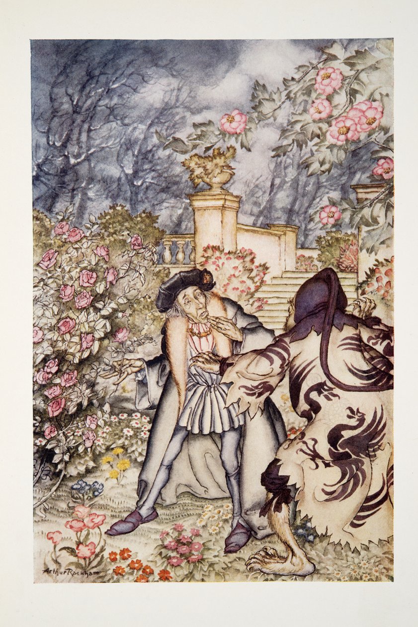 Ele ouviu um barulho alto, e viu vindo em sua direção uma fera, tão assustadora de se ver que ele estava pronto para desmaiar de medo, do The Arthur Rackham Fairy Book, pub. 1933 de Arthur Rackham