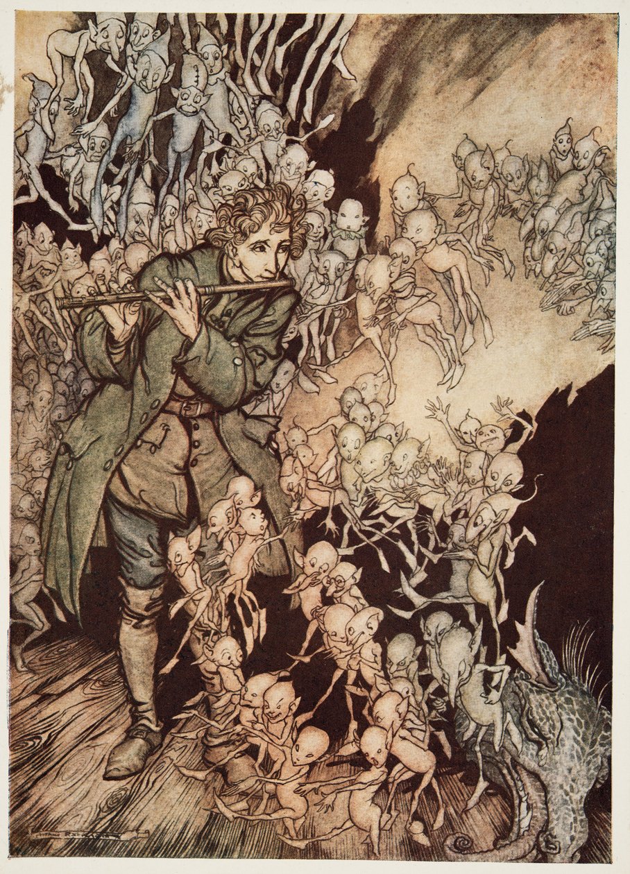 Ele tocou até que a sala estivesse totalmente cheia de gnomos, de Little Brother & Little Sister e Other Tales dos irmãos Grimm, pub. 1917 de Arthur Rackham