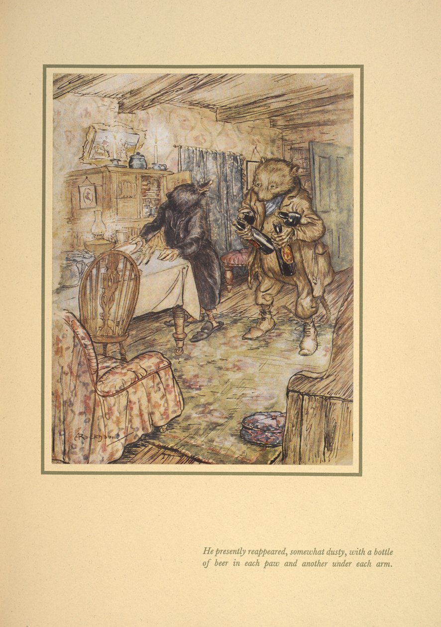 Actualmente reapareceu, um pouco poeirento, com uma garrafa de cerveja em cada cerveja debaixo de cada braço". de Arthur Rackham