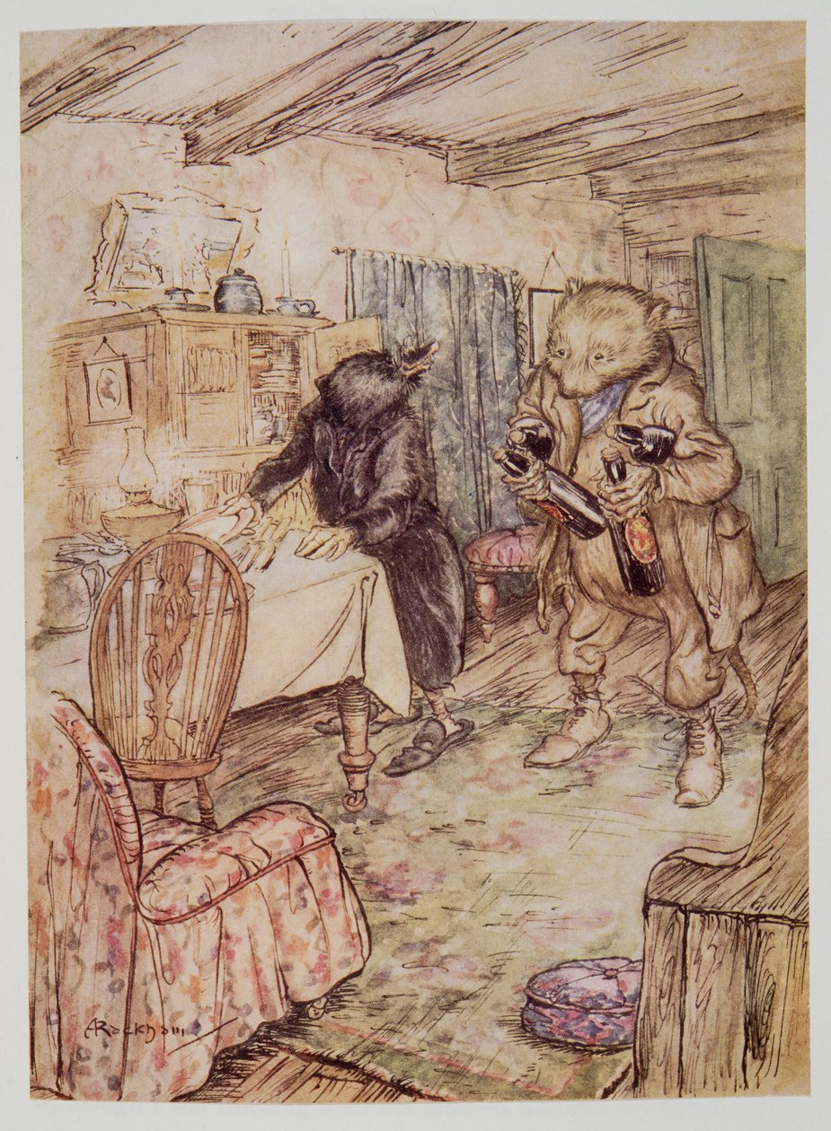 Ele reapareceu, um pouco empoeirado, com uma garrafa de cerveja em cada pata e outra embaixo de cada braço, de Wind in the Willows, de Kenneth Grahame (1859 - 1932), pub. 1940 de Arthur Rackham