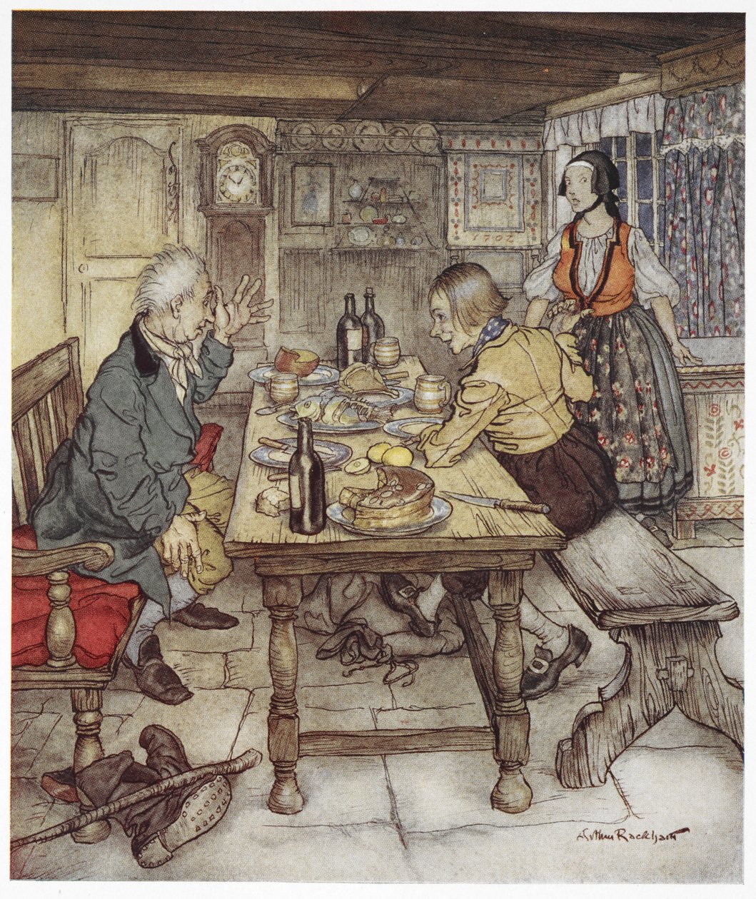 "Ele diz que podes ir e abrir a arca no canto e verás o diabo a agachar-se dentro dela". Um agricultor e um homem conhecido como o pequeno Claus, sentado à mesa, enquanto a mulher do agricultor lhes traz comida. Ilustração para "pequeno Claus e grande Clau de Arthur Rackham