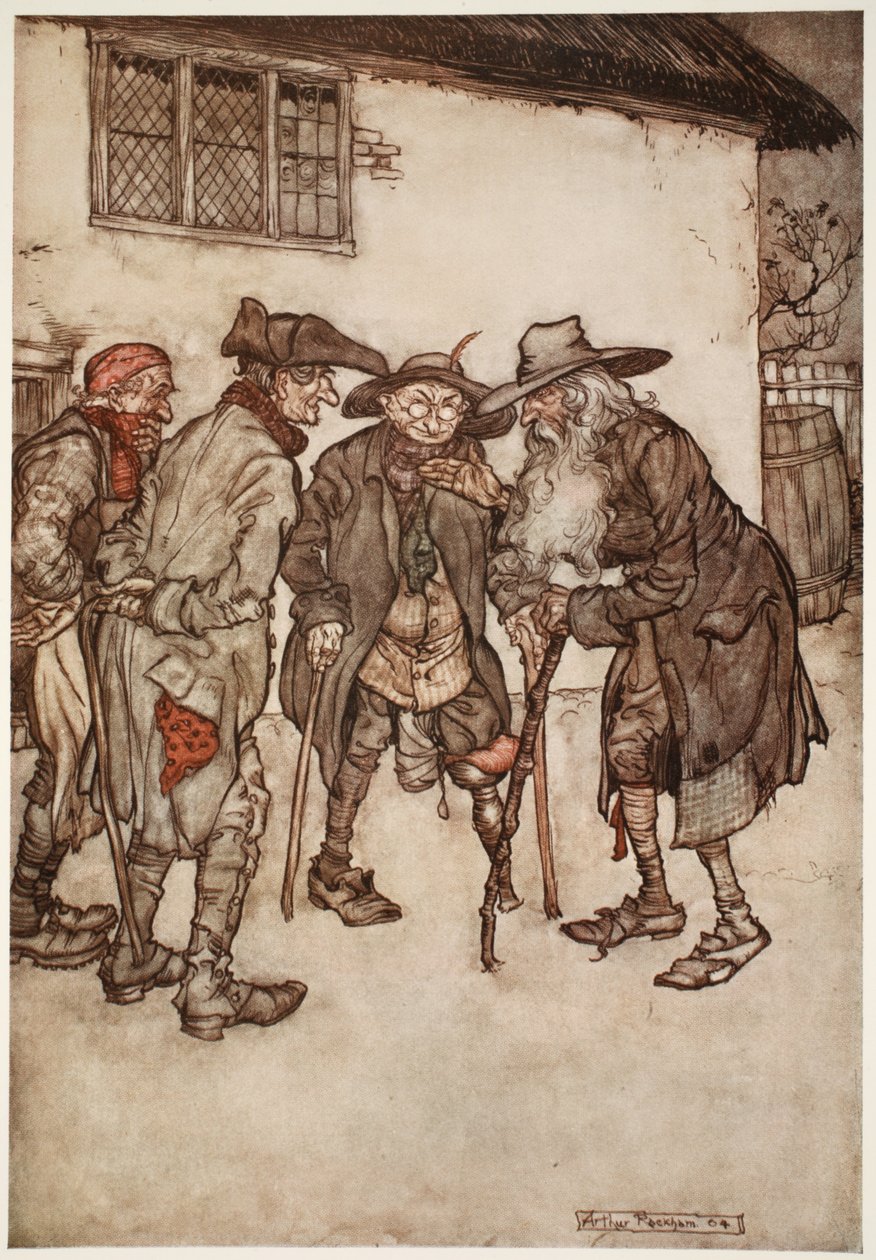 Ele logo encontrou muitos de seus antigos comparsas, embora todos os piores pelo desgaste do tempo, de Rip Van Winkle de Washington Irving, pub. 1910 de Arthur Rackham