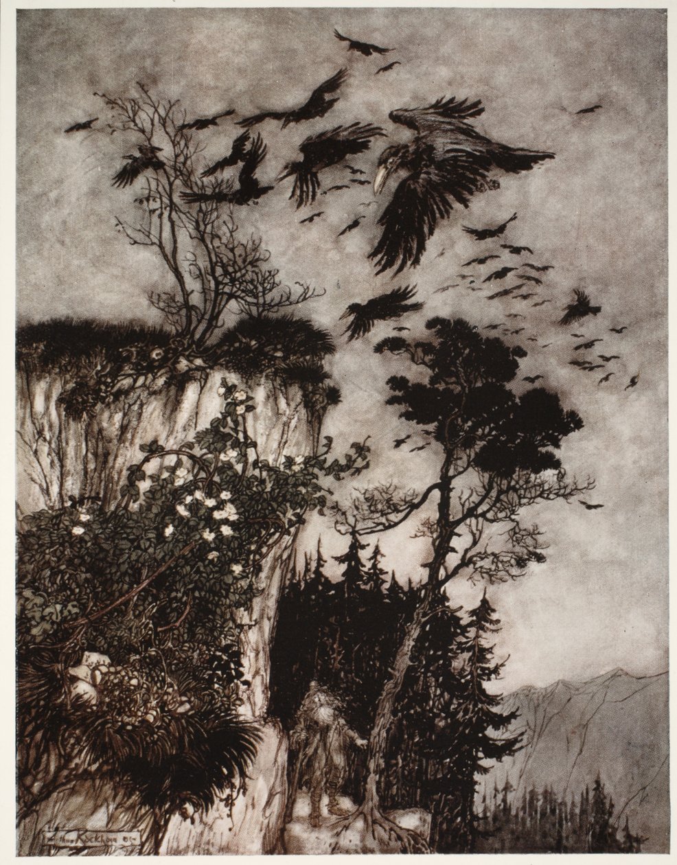 Ele foi respondido apenas por um bando de corvos ociosos, de Rip Van Winkle por Washington Irving, pub. 1910 de Arthur Rackham