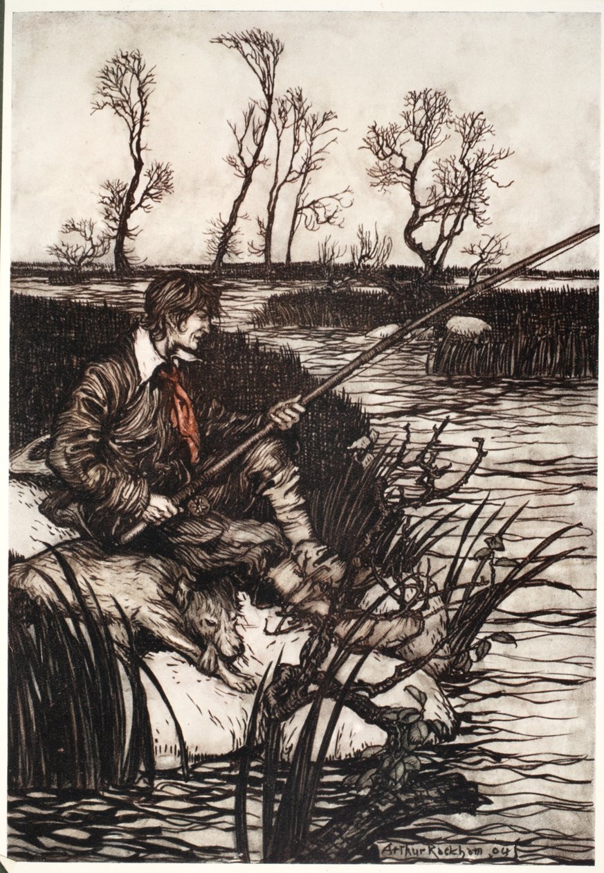 Ele se sentava em uma pedra molhada e pescava o dia todo, de Rip Van Winkle, de Washington Irving, pub. 1910 de Arthur Rackham