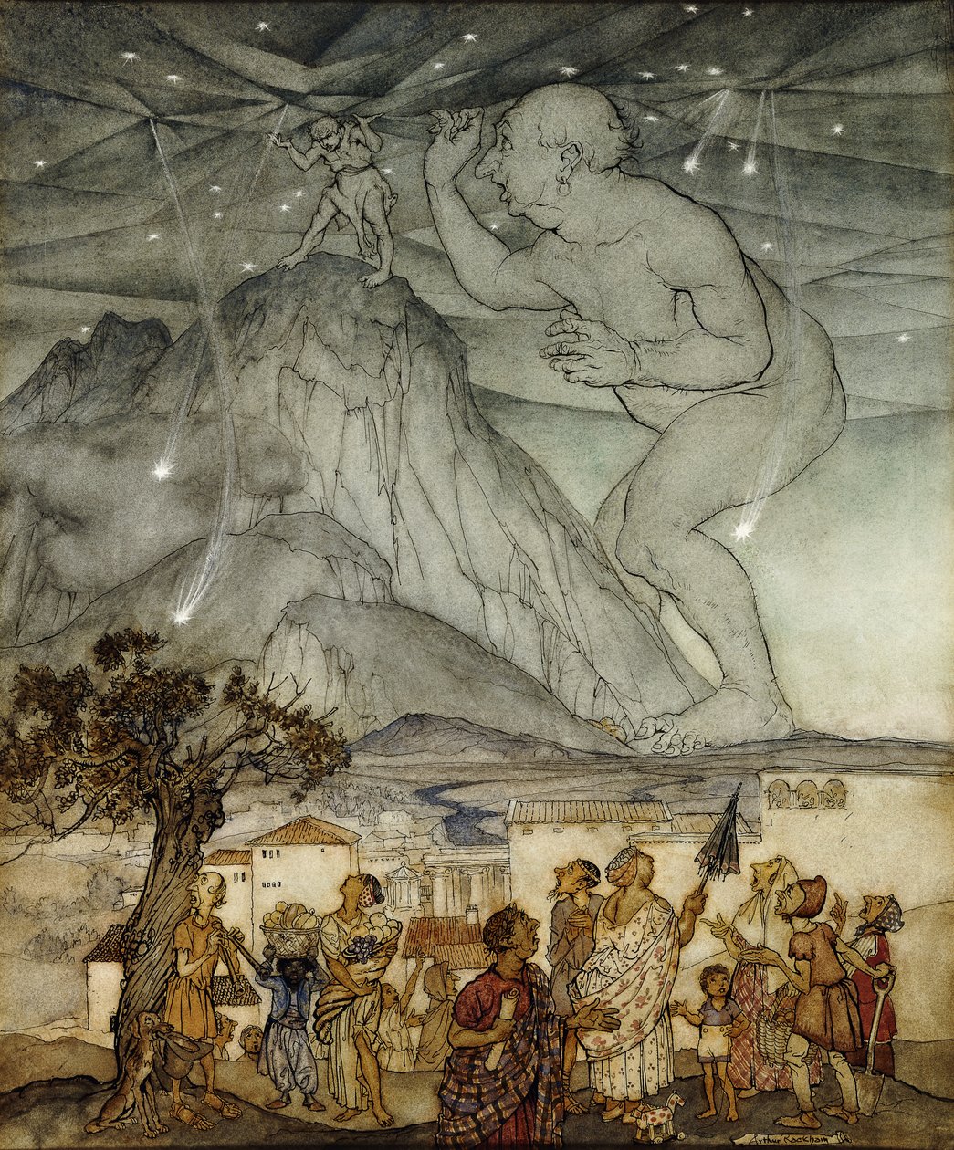 Hércules apoiando o céu em vez de Atlas, 1922 de Arthur Rackham