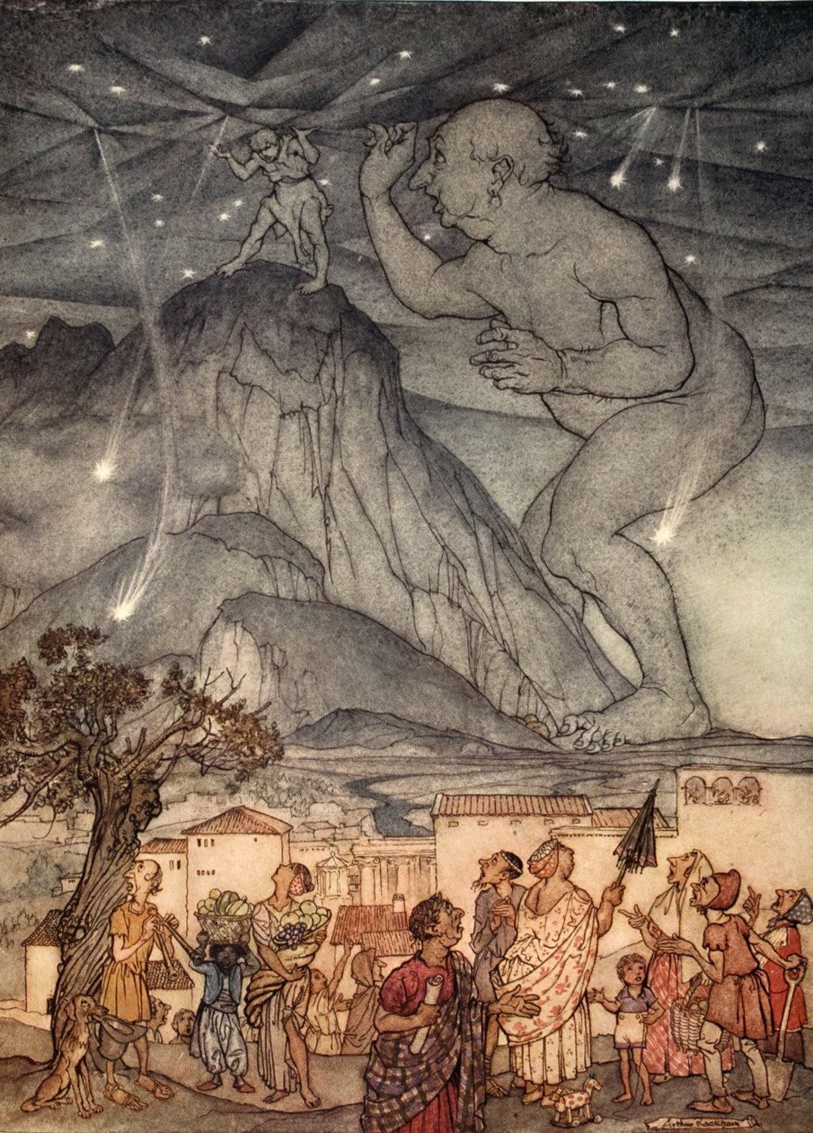 Hércules deu um grande encolher de ombros, ilustração de "Um livro de maravilhas para meninas e meninos", de Nathaniel Hawthorne, 1928 de Arthur Rackham