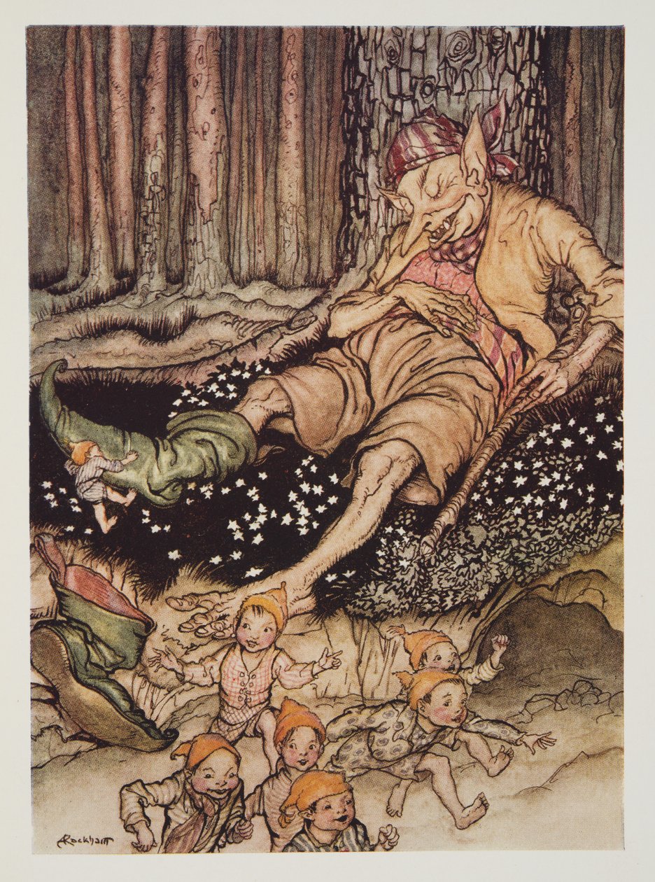 Hop-o-meu-polegar subiu para o Ogre suavemente e tirou suas botas de sete léguas, do bar do Arthur Rackham Fairy Book. 1933 de Arthur Rackham