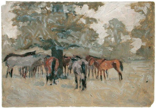 Cavalos debaixo de uma árvore (óleo sobre papel) de Arthur Rackham