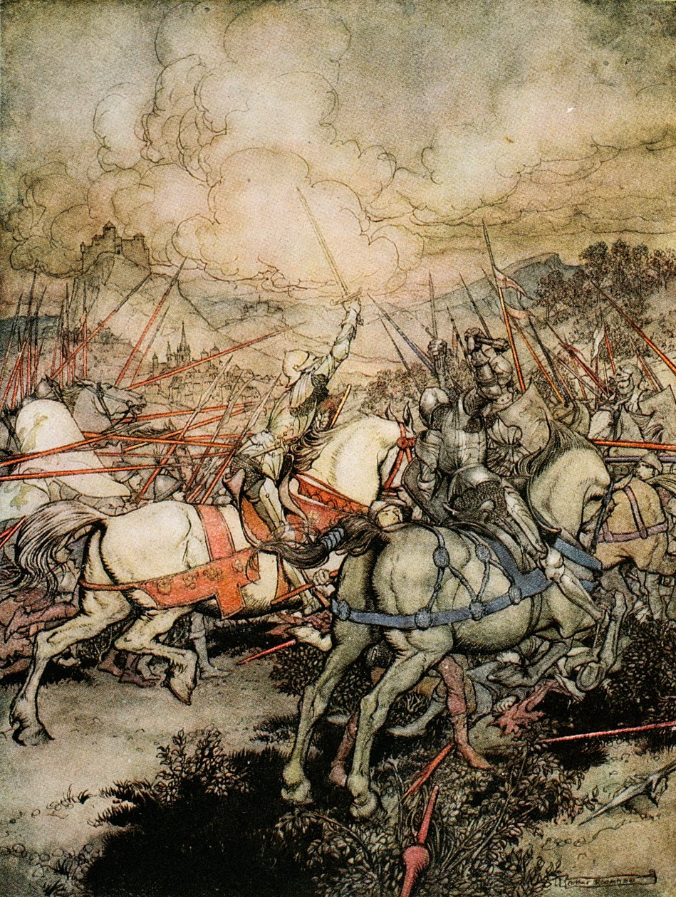 Como Arthur desenhou sua espada, Excalibur, pela primeira vez, ilustração de "O romance do Rei Arthur e seus cavaleiros da Távola Redonda", de Alfred W. Pollard, 1910 de Arthur Rackham
