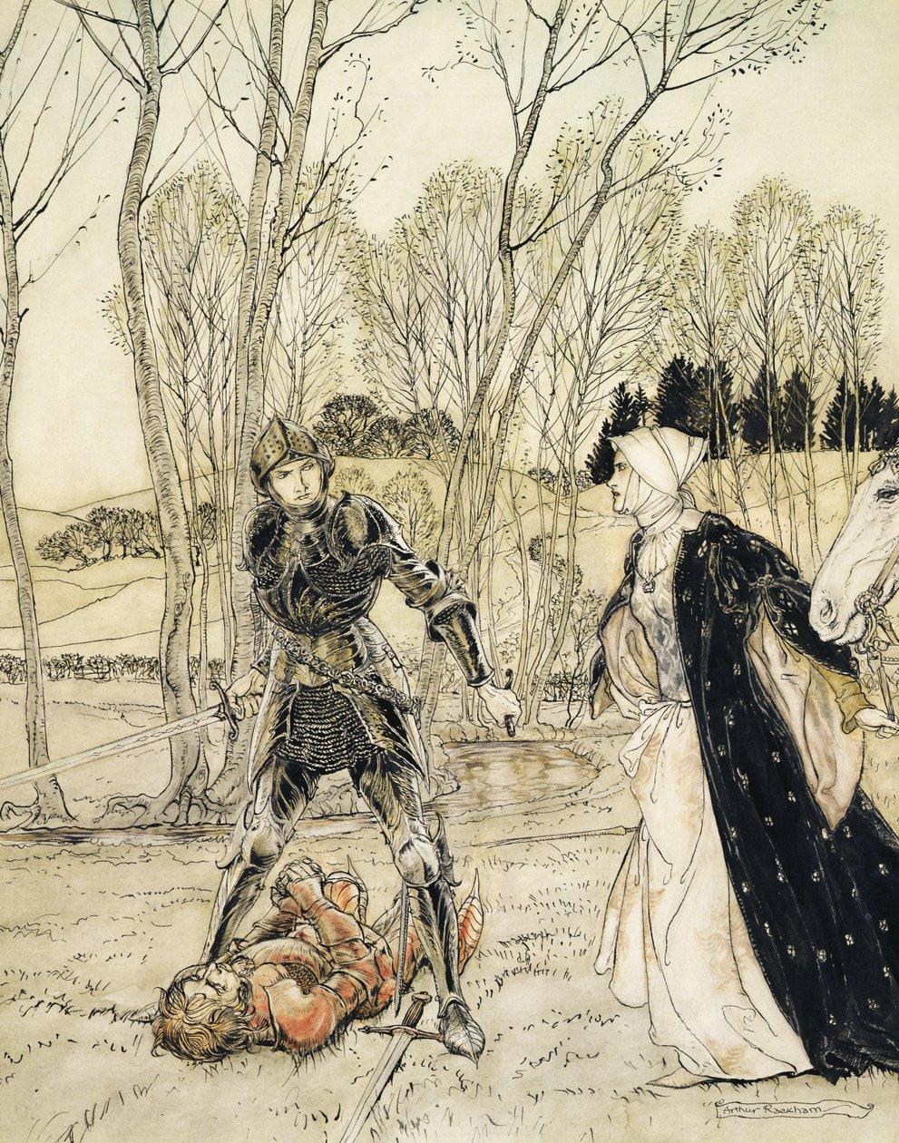 Como Beaumains derrotou o Cavaleiro Vermelho, e sempre a donzela falou muitas palavras grosseiras para ele (caneta e tinta e wc) de Arthur Rackham
