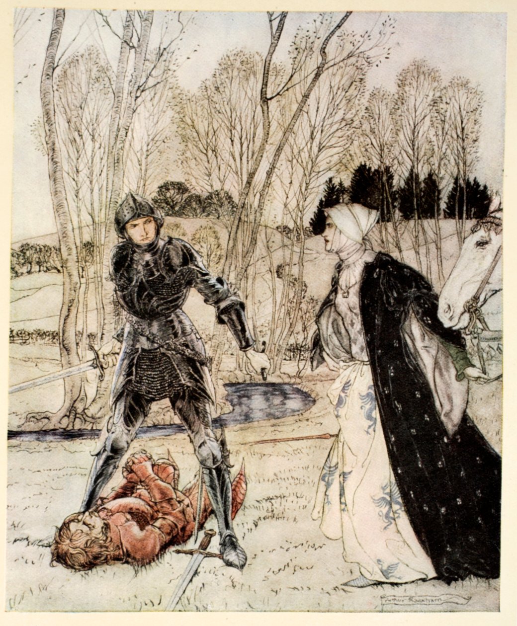 Como Beaumains derrotou o Cavaleiro Vermelho e sempre a donzela falou muitas palavras palavrões para ele, ilustração de "O romance do Rei Arthur e seus cavaleiros da Távola Redonda", de Alfred W. Pollard, 1910 de Arthur Rackham