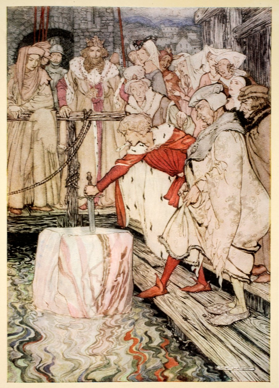 Como Galahad tirou a espada da pedra flutuante em Camelot, ilustração de "O romance do Rei Arthur e seus cavaleiros da Távola Redonda", de Alfred W. Pollard, 1910 de Arthur Rackham