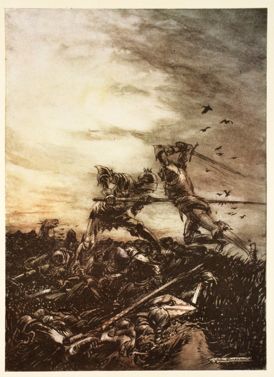 Como Mordred foi morto por Artur e como Arthur foi ferido até a morte, ilustração de "O Romance do Rei Artur e Seus Cavaleiros da Távola Redonda", de Alfred Pollard. de Arthur Rackham