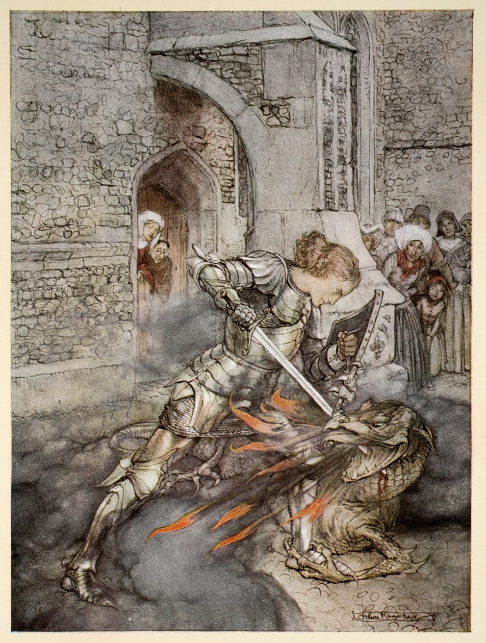 Como Sir Lancelot lutou com um dragão amigo, ilustração de "O romance do Rei Arthur e seus cavaleiros da Távola Redonda", de Alfred W. Pollard, 1910 de Arthur Rackham