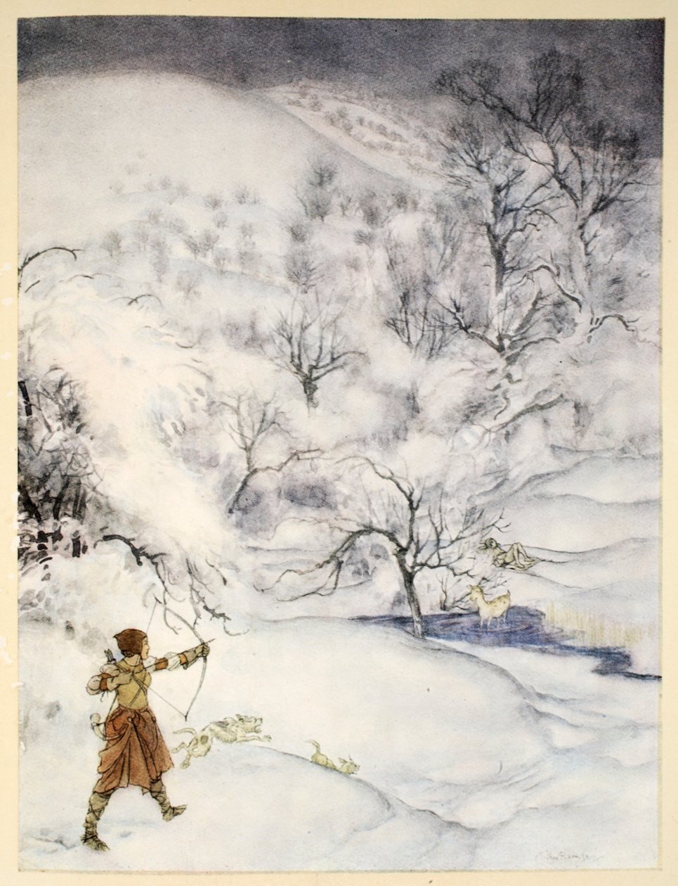 Como Sir Lancelotot foi baleado por uma mulher gentil, ilustração de "O romance do Rei Arthur e seus cavaleiros da Távola Redonda", de Alfred W. Pollard, 1910 de Arthur Rackham
