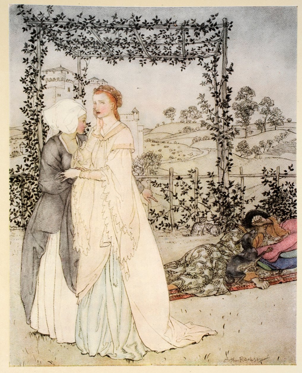 Como Tristram era conhecido pelo pequeno brachet no jardim do castelo do rei Marcos, ilustração de "O romance do rei Artur e seus cavaleiros da Távola Redonda", de Alfred W. Pollard, 1910 (cor l de Arthur Rackham