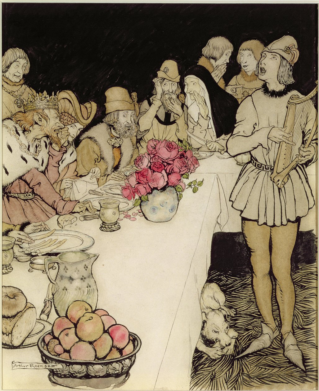 Como em uma grande festa que o rei Marcos fez veio Eliot o harpista e cantou o leigo que Dinadan tinha feito (caneta e tinta, wc) de Arthur Rackham