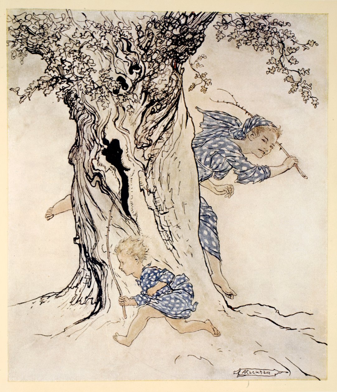 Como ele se esforçou e ofegou para pegar aquela pessoa perseguidora e persegui-la e colocar sua própria ação em ação, ilustração de "Irish Fairy Tales", de James Stephens, 1920 de Arthur Rackham