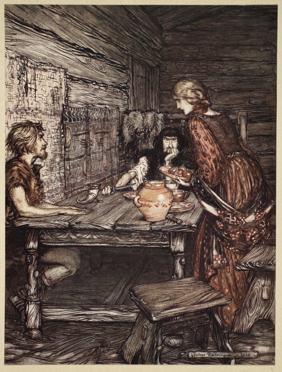 Hunding descobre a semelhança entre Siegmund e Sieglunde, ilustração de "O Reno e a Valquíria", 1910 de Arthur Rackham