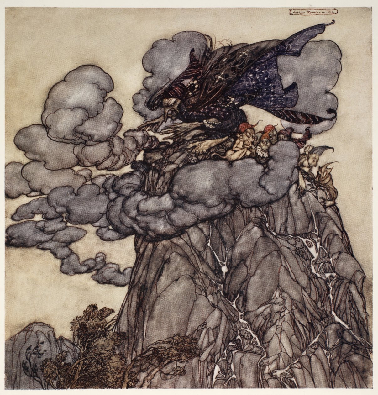 Se não estivesse satisfeita, prepararia nuvens negras como tinta, sentadas no meio delas como uma aranha de barriga no meio da teia; quando estas nuvens quebraram, ai dos vales !, da Rip Van de Arthur Rackham