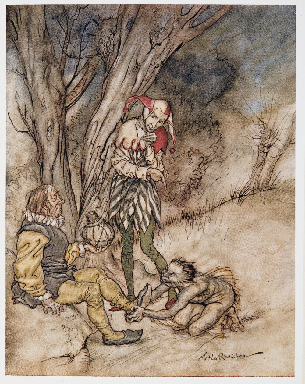 Beijo mal eles pé: Ill jurar-me teu assunto, ilustração de William Shakespeares The Tempest, pub. 1926 de Arthur Rackham