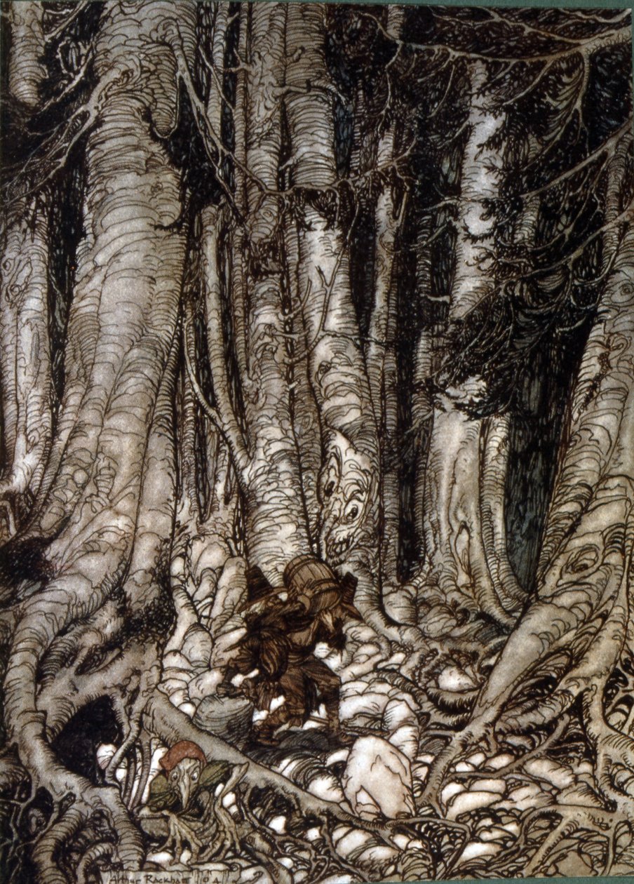 Ilustração por Arthur Rakham de Rip Van Winkle, um conto do autor americano Washington Irving publicado pela primeira vez em 1819 de Arthur Rackham