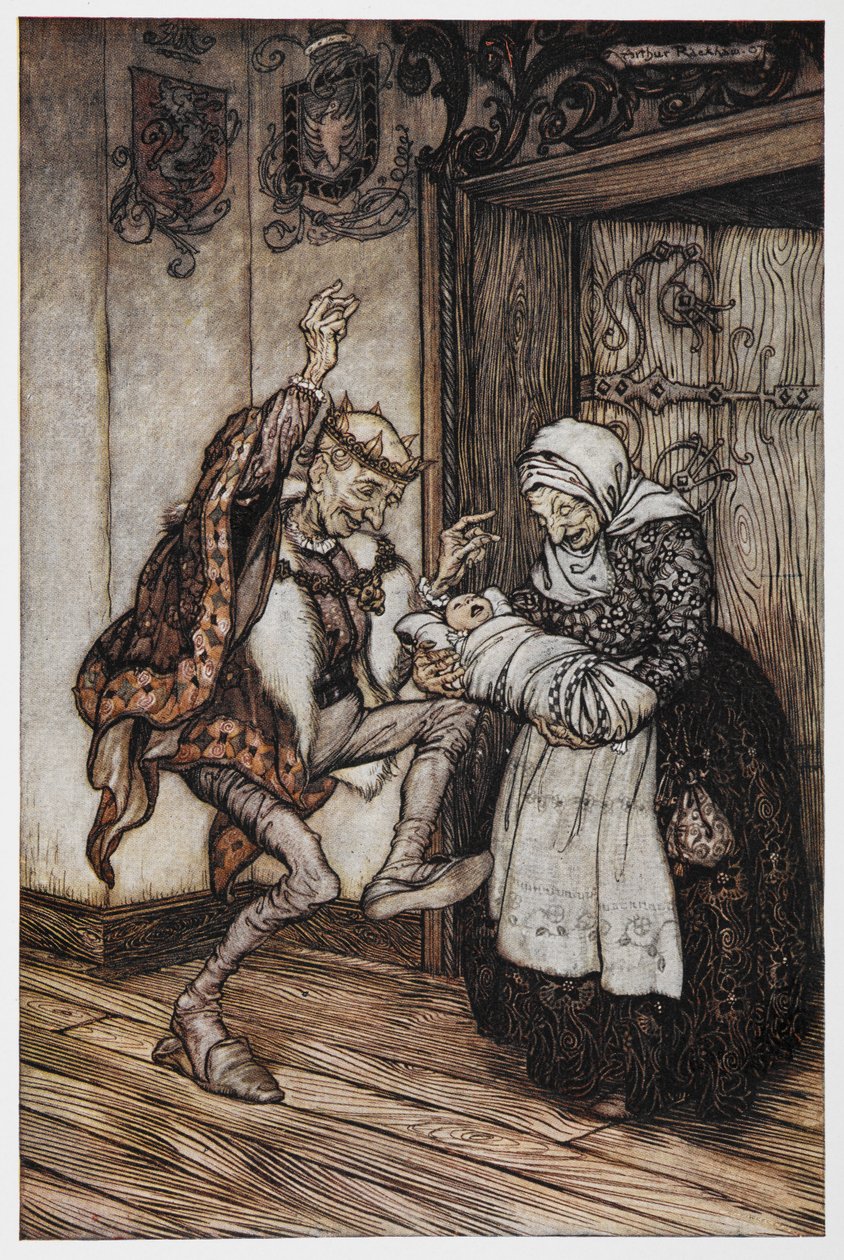 Ilustração de Briar Rose de um rei e rainha idosos e do seu bebé. de Arthur Rackham
