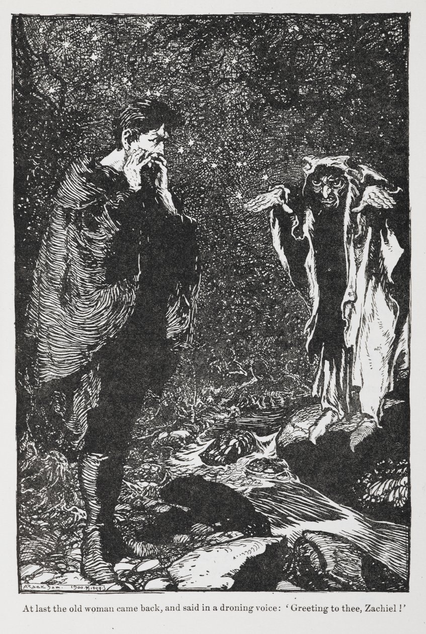 Ilustração de Jorinda e Joringel de Zachiel e da mulher idosa. de Arthur Rackham
