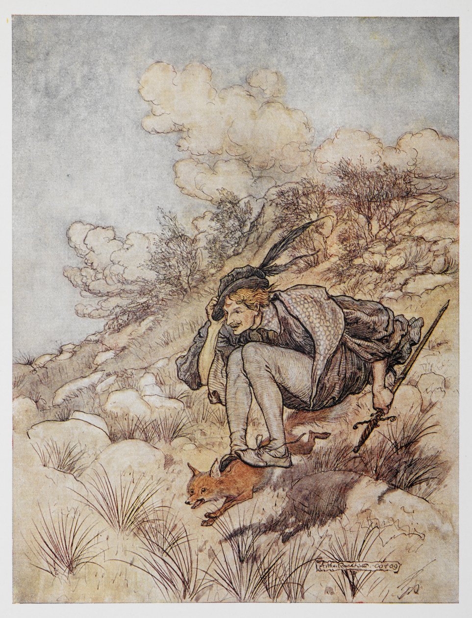 Ilustração de The Golden Bird. Um príncipe montado numa raposa. de Arthur Rackham