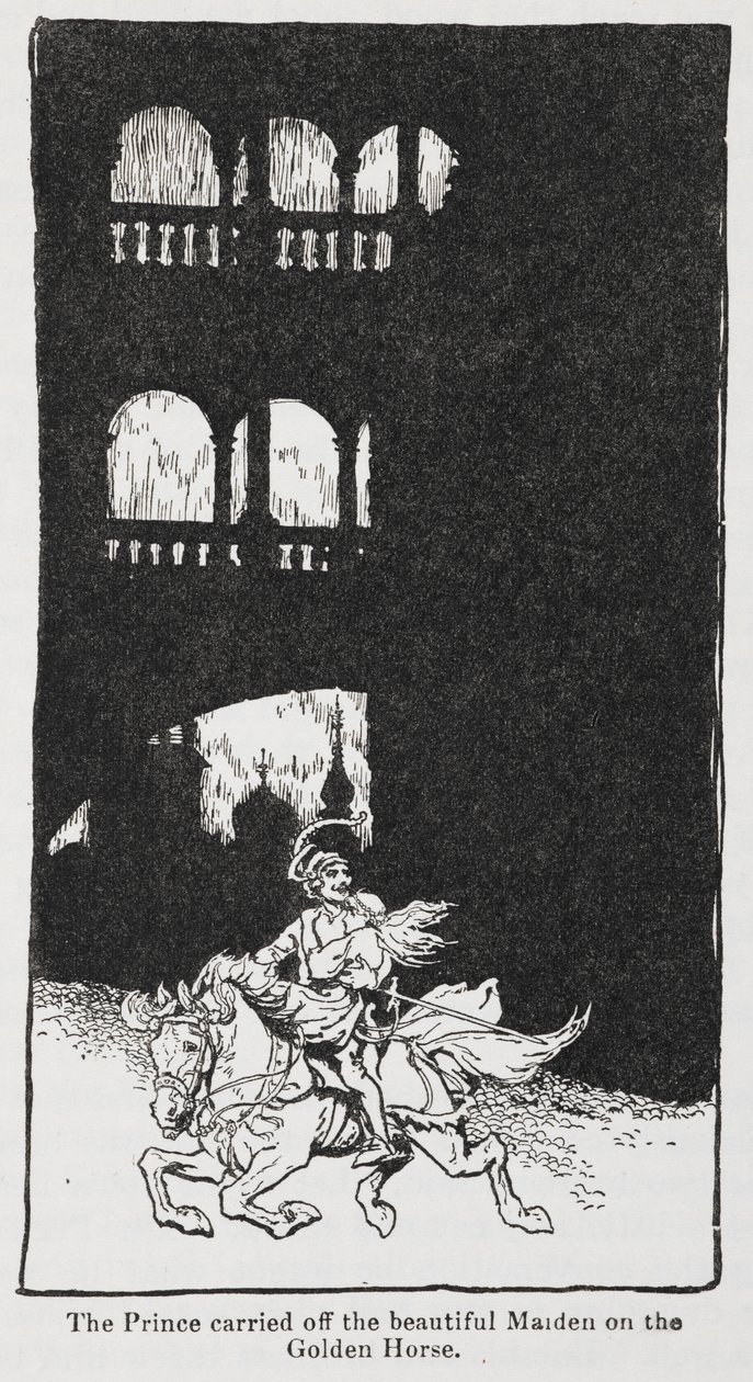Ilustração de The Golden Bird quando o príncipe transporta a donzela a cavalo. de Arthur Rackham