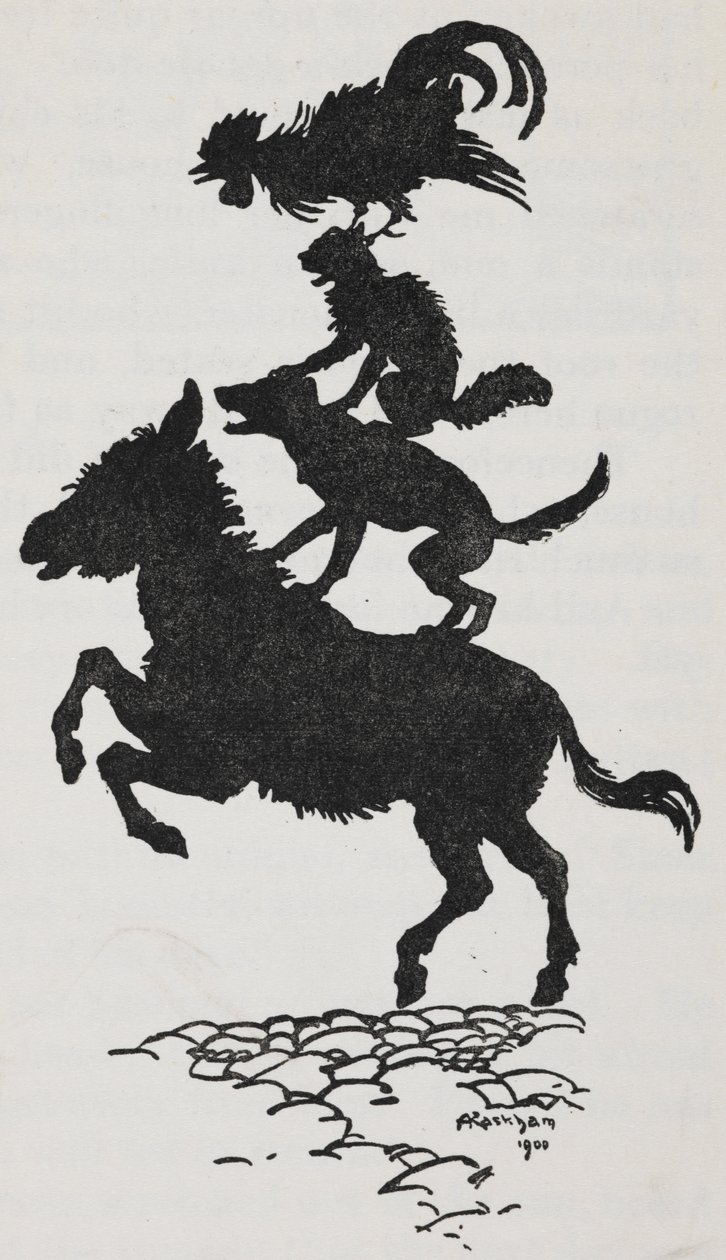 Ilustração dos Músicos da Cidade de Bremen de um burro, cão, gato e galo. de Arthur Rackham