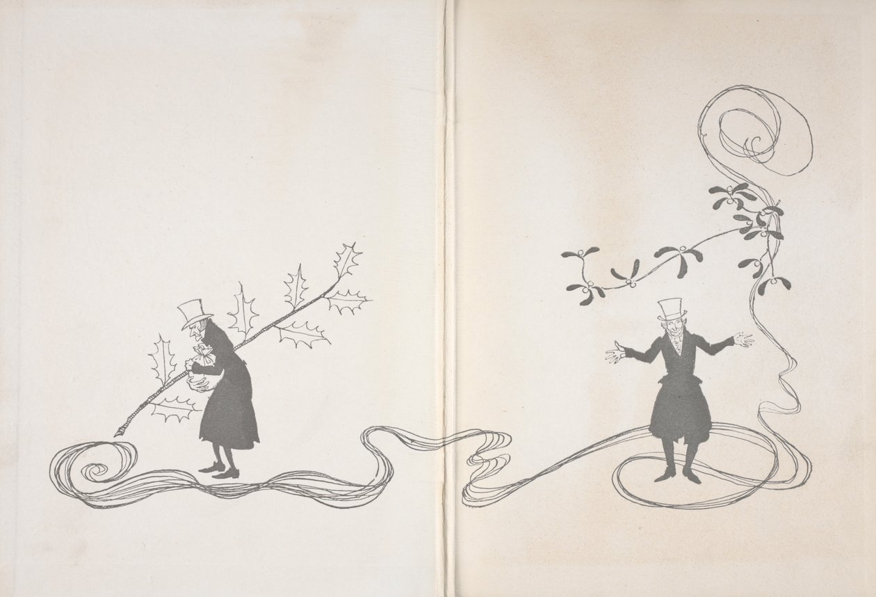 Ilustração de Scrooge. De um lado ele é representado por um ramo de azevinho, agarrado a um saco de dinheiro e com um ar zangado. Do outro, é representado com um ramo de azevinho parecendo feliz. de Arthur Rackham