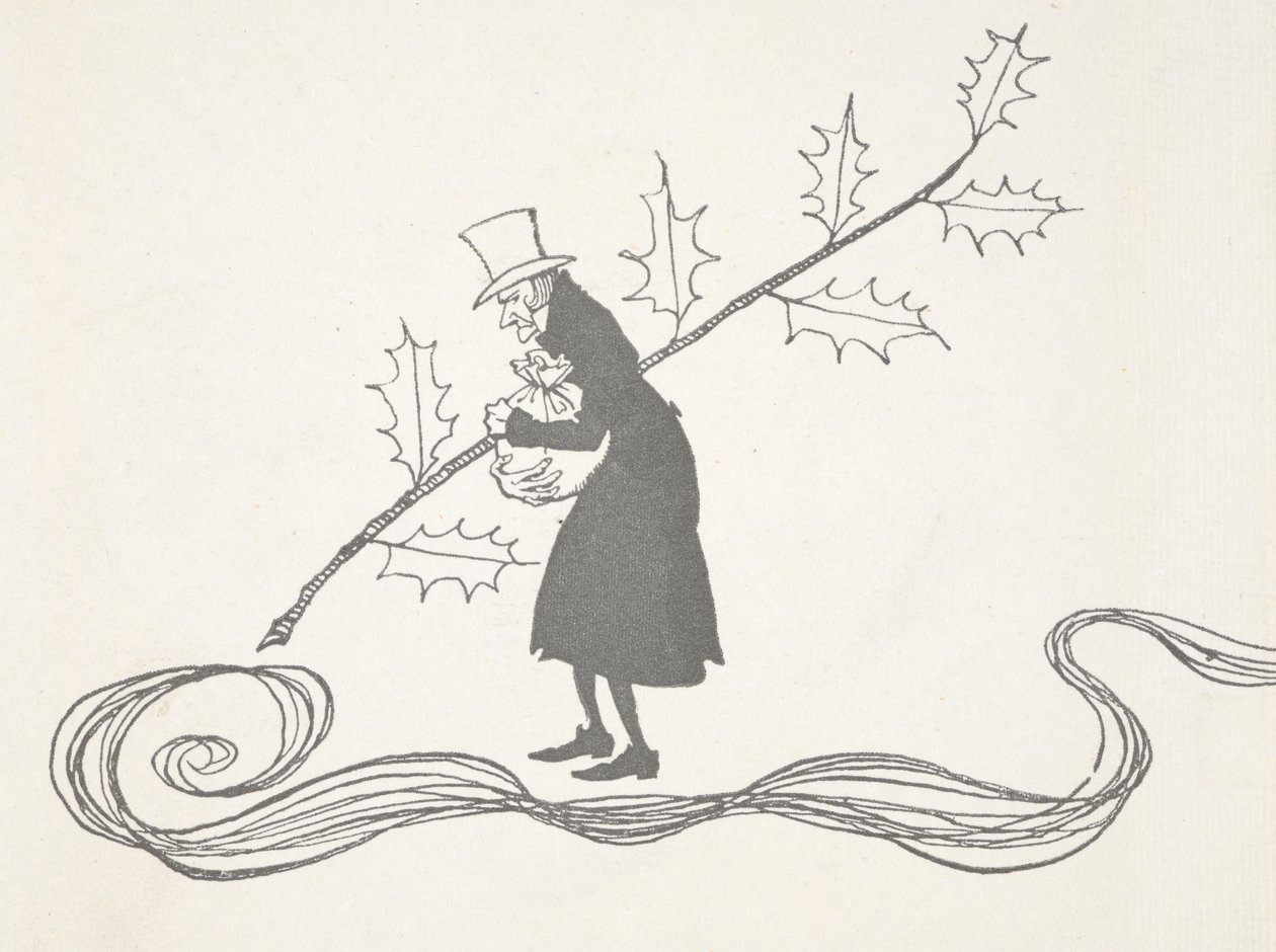 Ilustração de Scrooge, representado por um ramo de azevinho, agarrado a um saco de dinheiro e com um ar zangado. de Arthur Rackham