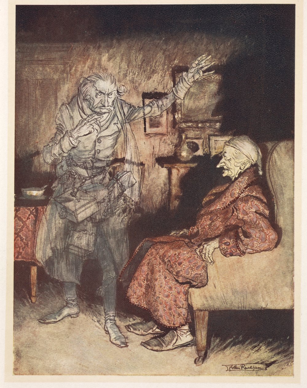 Ilustração de Scrooge com o Fantasma do Natal Passado de Arthur Rackham