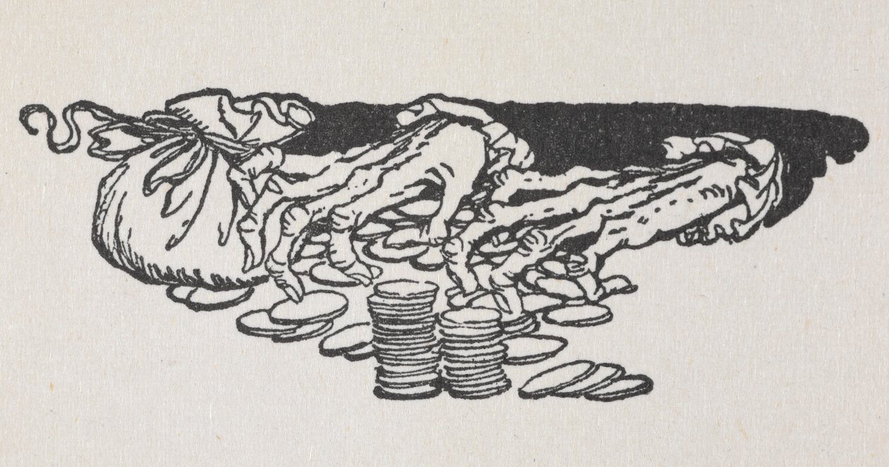 Ilustração das mãos de Scrooge a contar dinheiro de Arthur Rackham