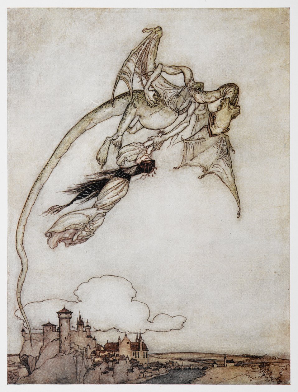Ilustração de um dragão carregando a princesa de Os Quatro Irmãos Espertos. de Arthur Rackham