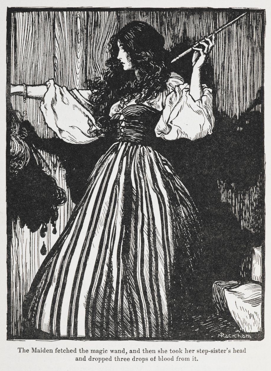 Ilustração de uma rapariga com um vestido às riscas de Sweetheart Roland. de Arthur Rackham