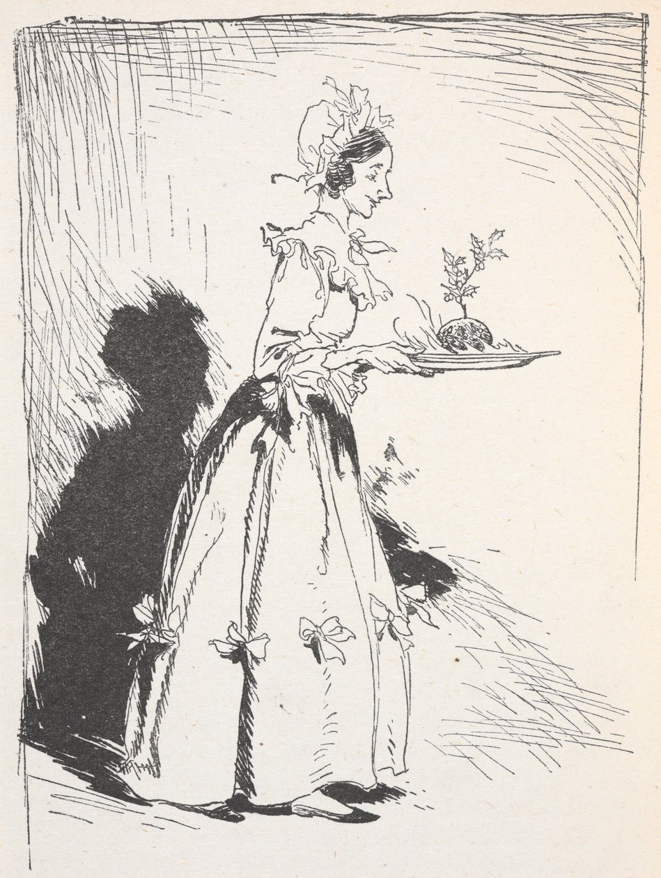 Ilustração de uma mulher carregando um pudim de Natal de Arthur Rackham