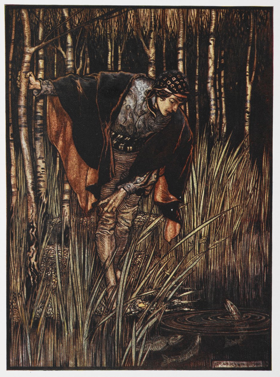 Ilustração de um jovem ao pé de um lago de The White Snake. de Arthur Rackham