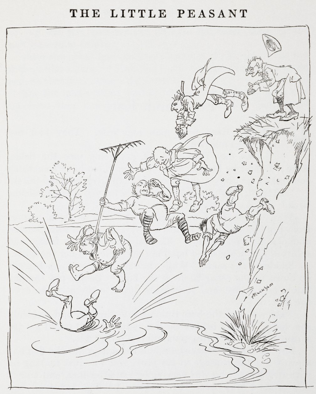 Ilustração de homens que saltam de um penhasco para uma lagoa de The Little Peasants. de Arthur Rackham