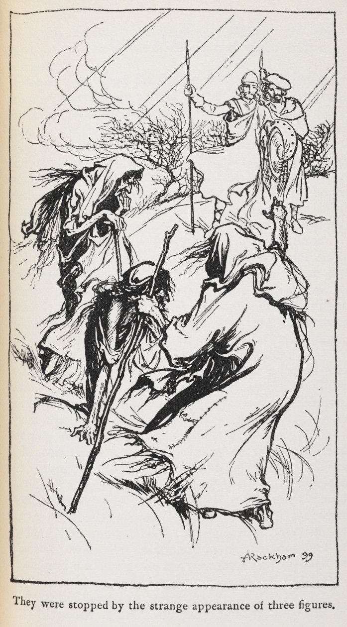 Ilustração das três bruxas, Macbeth e Banquo. de Arthur Rackham
