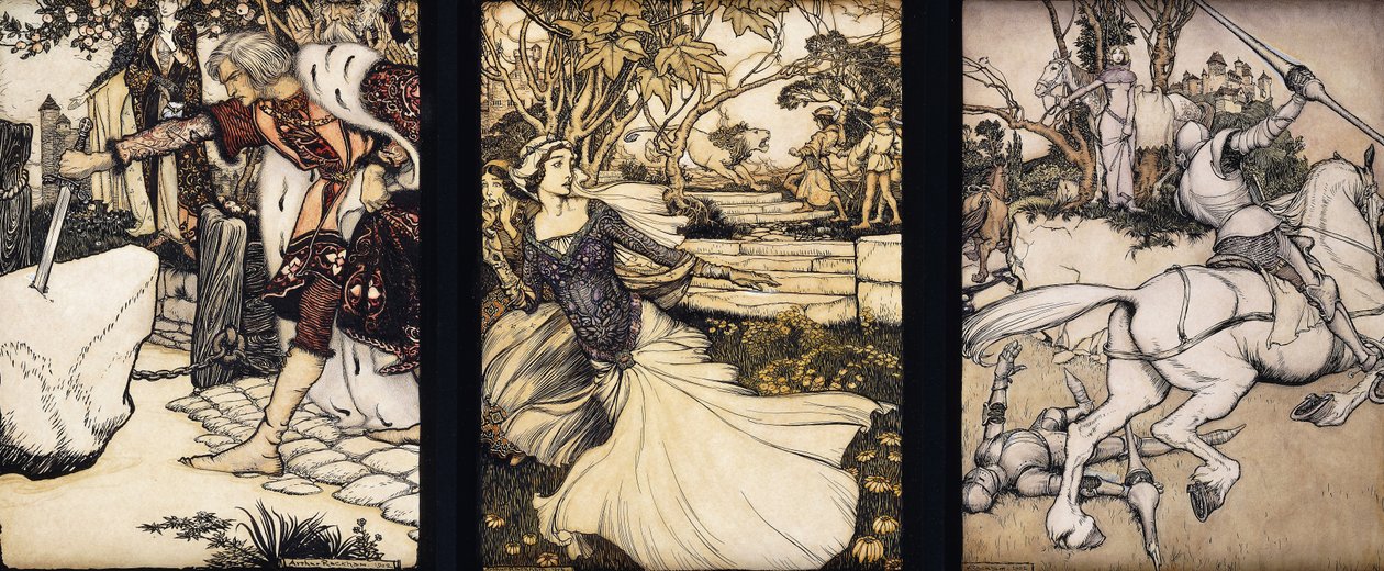 Ilustrações para The Morte d&39;Arthur: Sir Galahad Retira a Espada de Balin da Pedra Flutuante; La Cole Male Taile Mata o Leão que Ameaça a Rainha Guenevere; e Beaumains Derrota o Cavaleiro Verde, 1902 de Arthur Rackham
