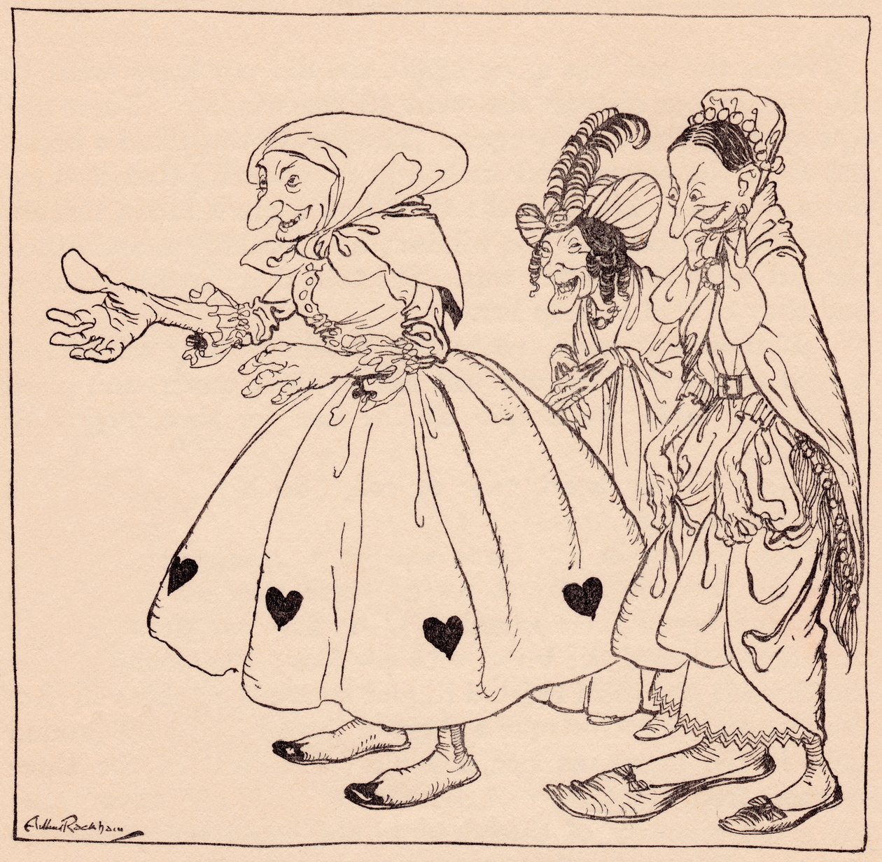 Chegaram as três mulheres vestidas da forma mais gorda. Ilustração de Arthur Rackham de Grimm